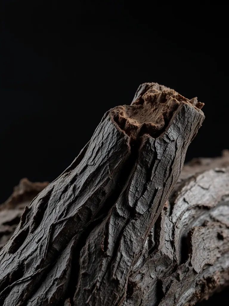 Close-up shot of Yohimbe bark, highlighting its natural texture and origin, set against a dark, masculine background to convey potency and natural power.