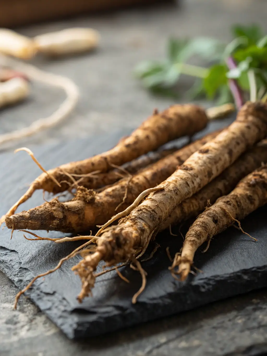 A detailed image of Tongkat Ali root, emphasizing its rugged texture and natural form, representing its traditional use in enhancing testosterone levels and male vitality in Power Stamina.